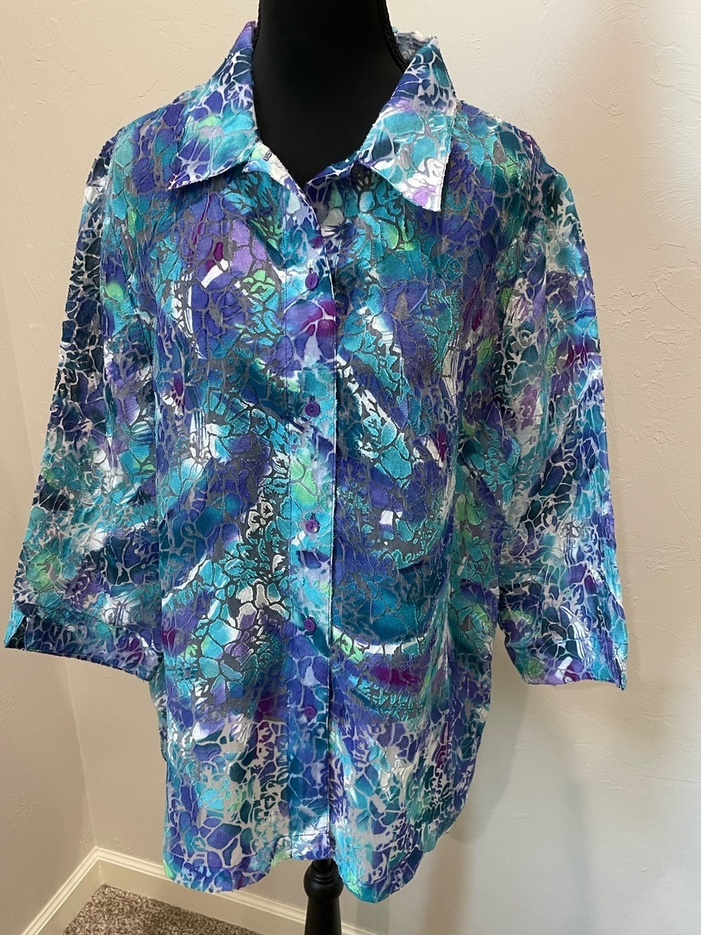 Allison Daley Blue Teal Purple Floral Button-Up Blouse